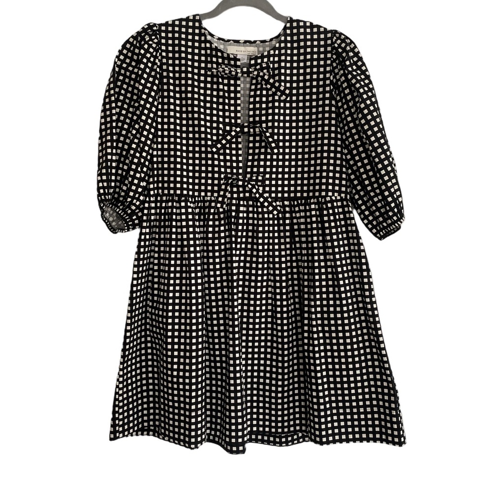 Girls Black & White Gingham Puff-Sleeve Tie-Front Dress